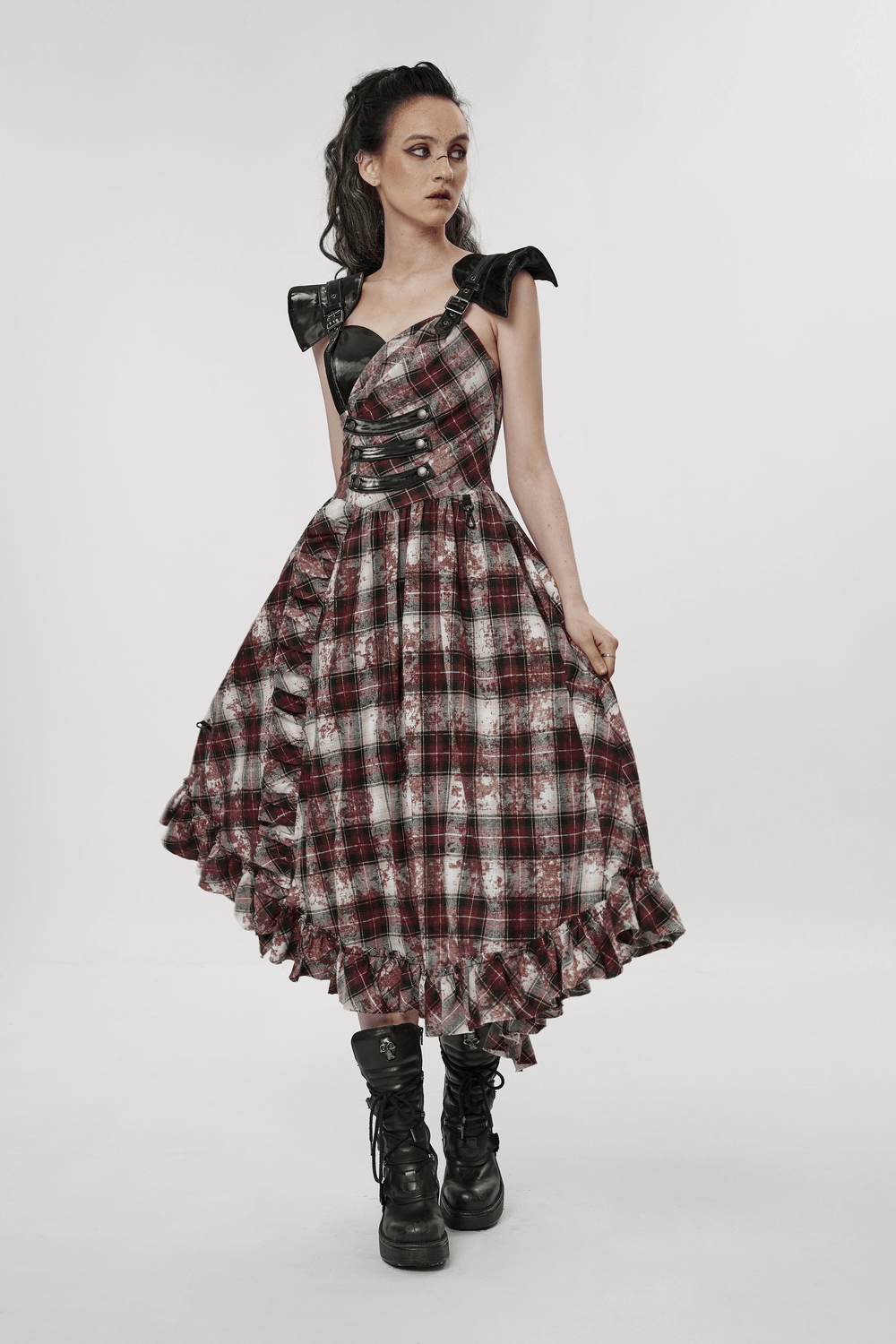 Irregular Hem Plaid Dress Adjustable Leather Straps