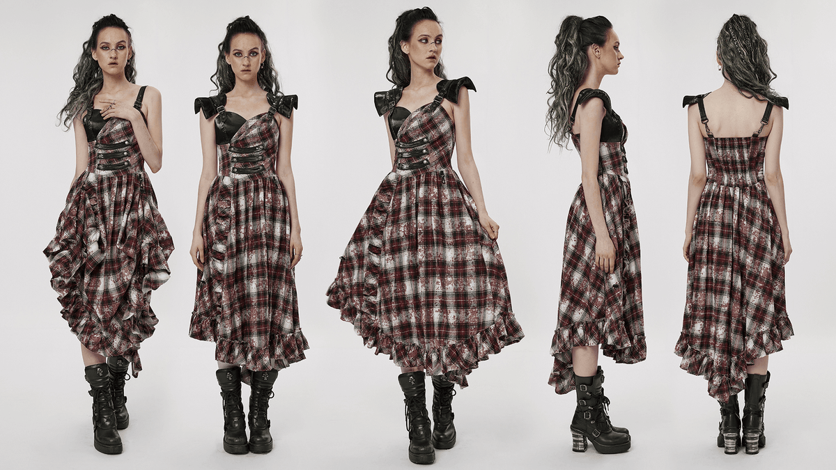 Irregular Hem Plaid Dress Adjustable Leather Straps