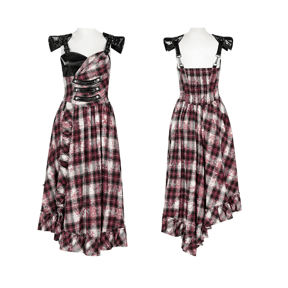 Irregular Hem Plaid Dress Adjustable Leather Straps