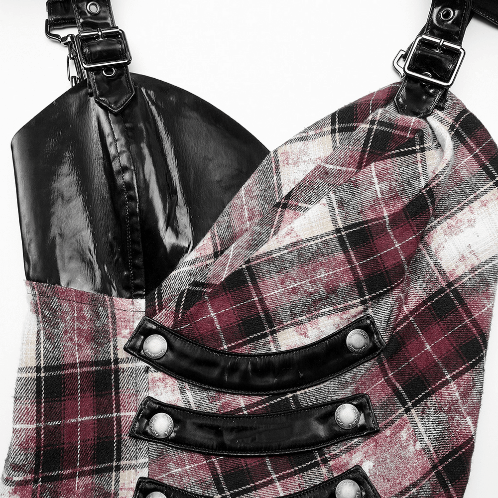 Irregular Hem Plaid Dress Adjustable Leather Straps