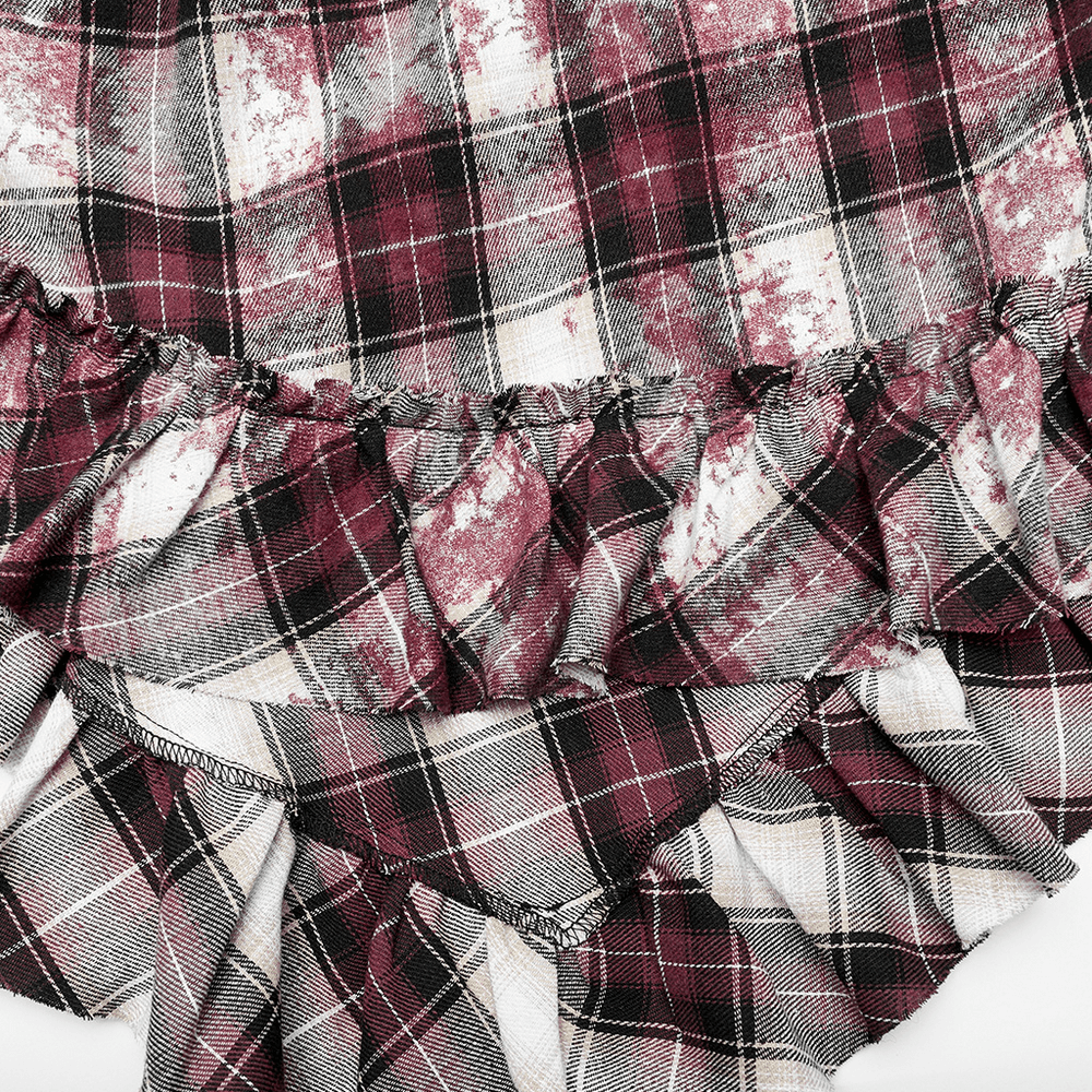 Irregular Hem Plaid Dress Adjustable Leather Straps