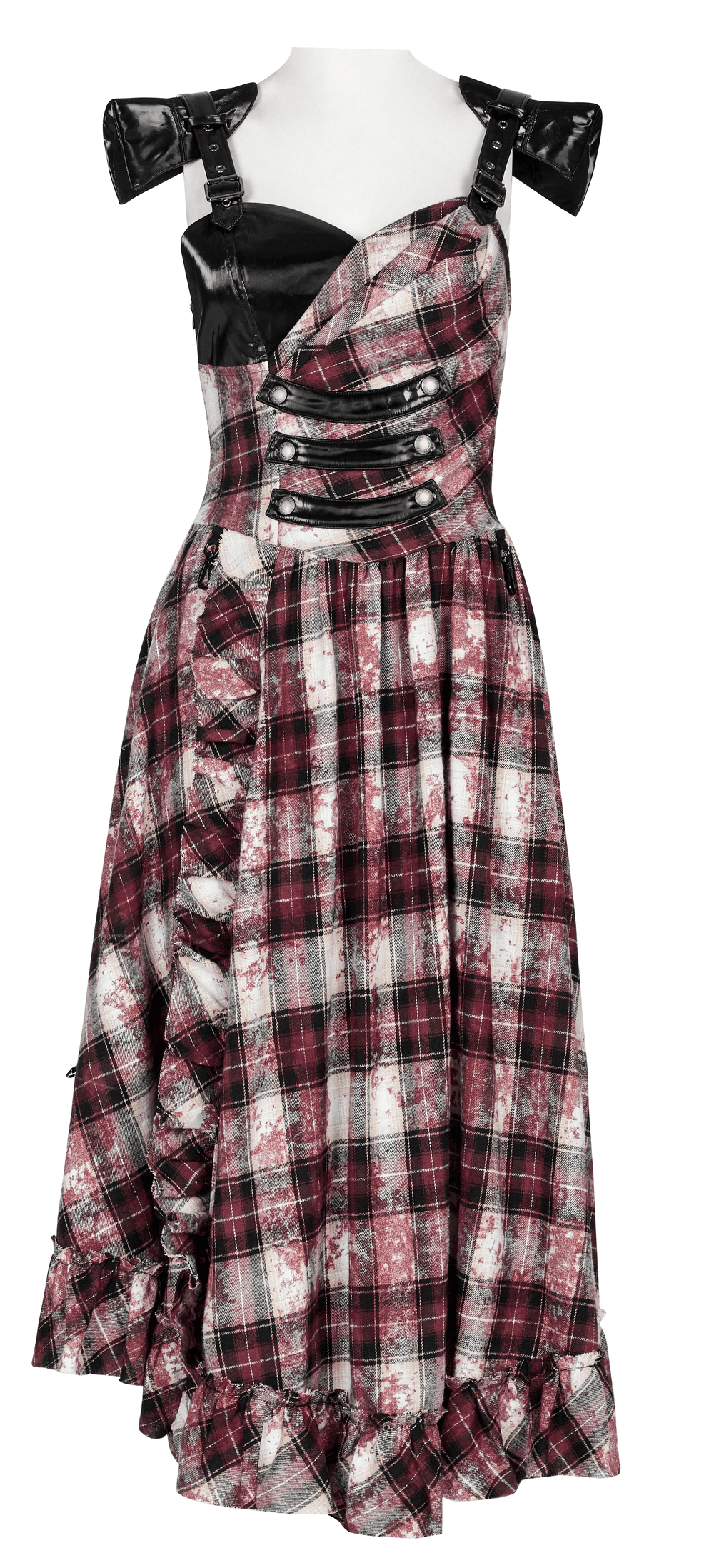 Irregular Hem Plaid Dress Adjustable Leather Straps