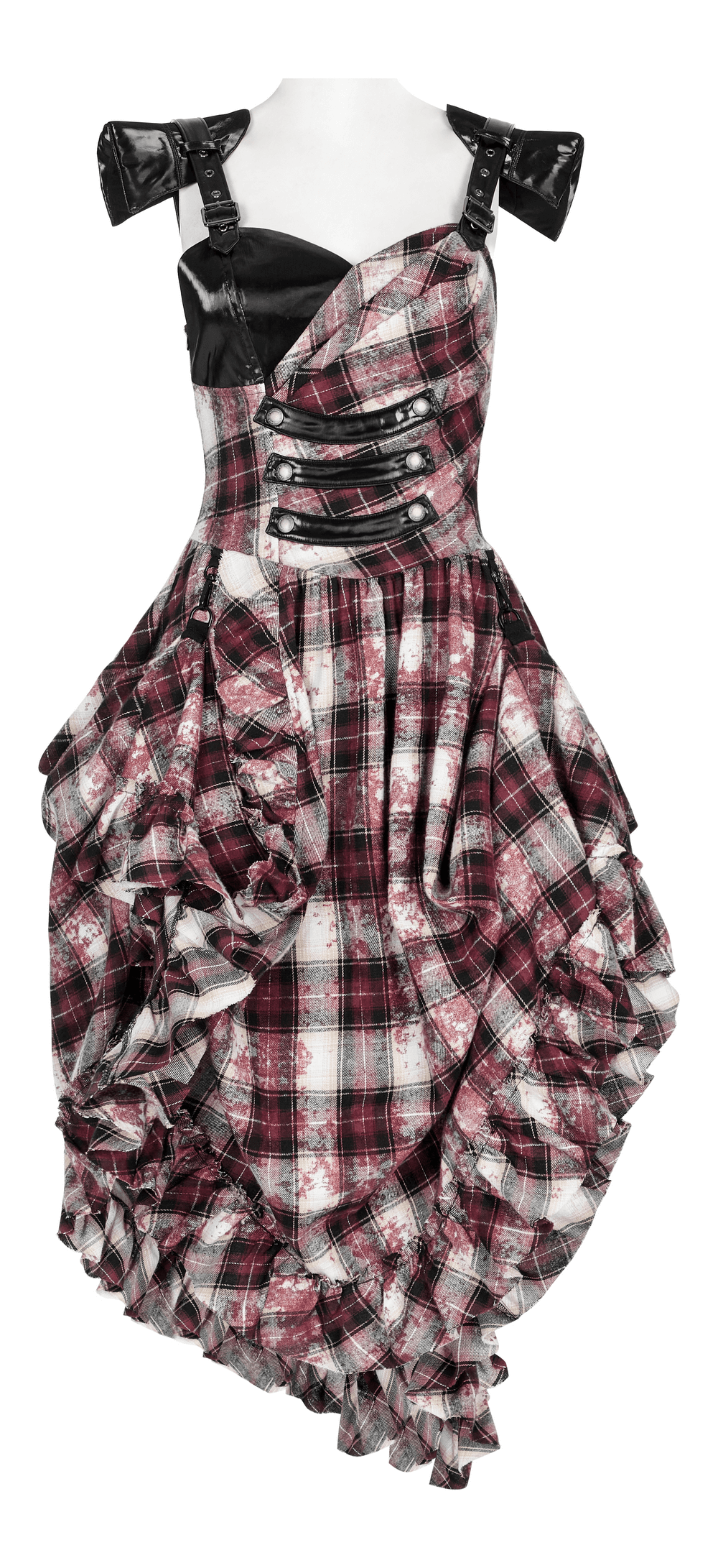 Irregular Hem Plaid Dress Adjustable Leather Straps