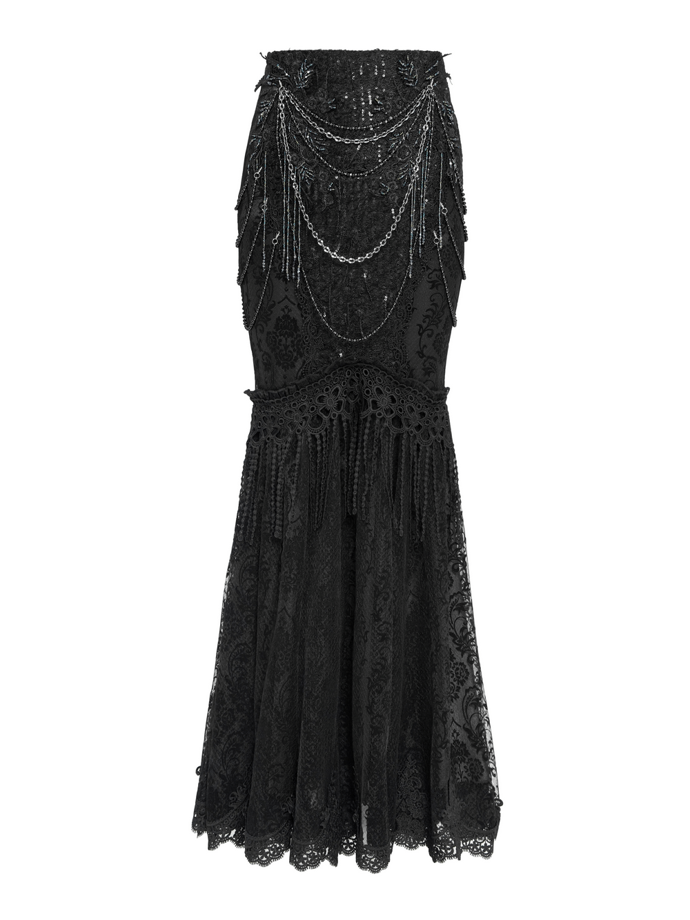 Lace and Fringe Black Skirt with Chains for Elegance Style