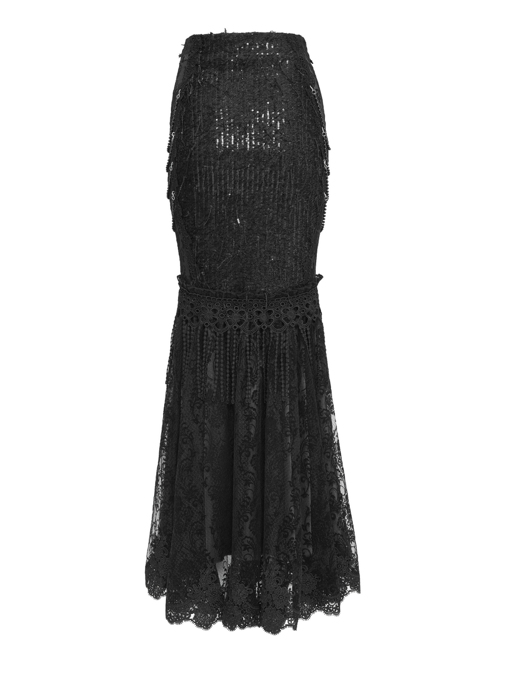 Lace and Fringe Black Skirt with Chains for Elegance Style
