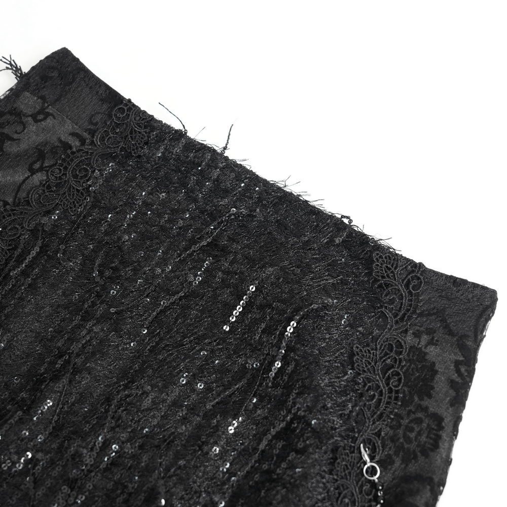Lace and Fringe Black Skirt with Chains for Elegance Style