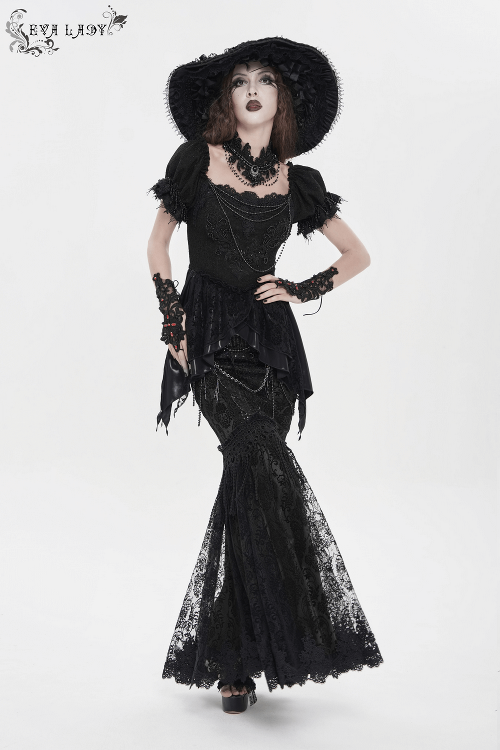 Lace and Fringe Black Skirt with Chains for Elegance Style