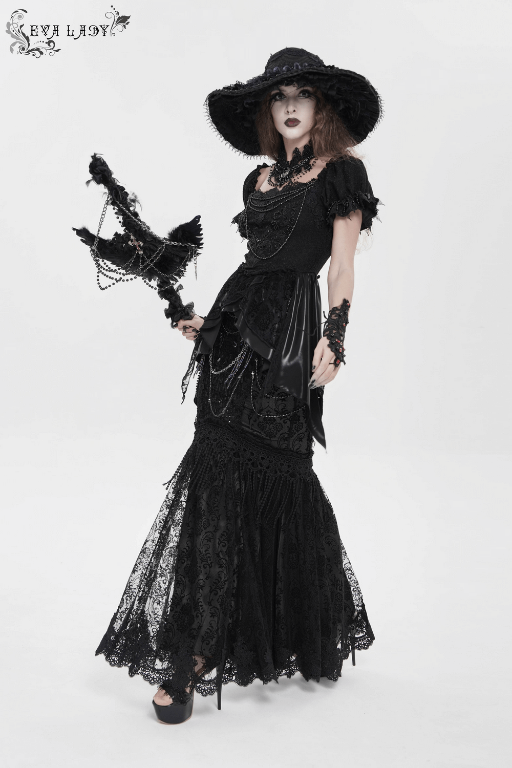 Lace and Fringe Black Skirt with Chains for Elegance Style
