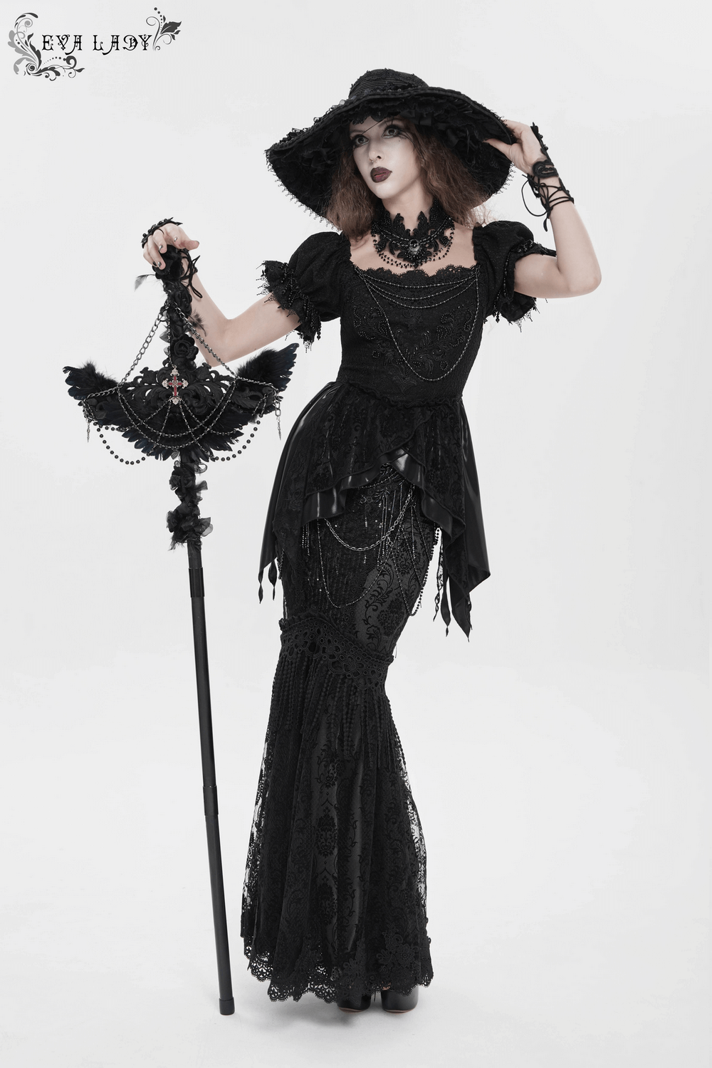 Lace and Fringe Black Skirt with Chains for Elegance Style