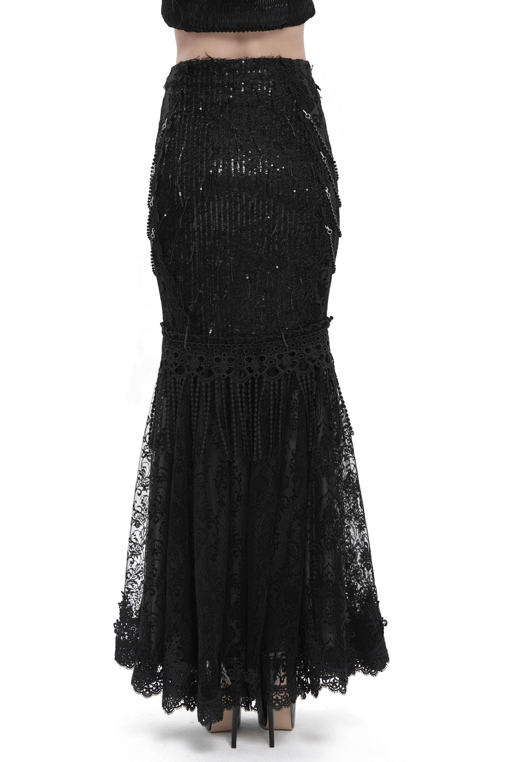 Lace and Fringe Black Skirt with Chains for Elegance Style