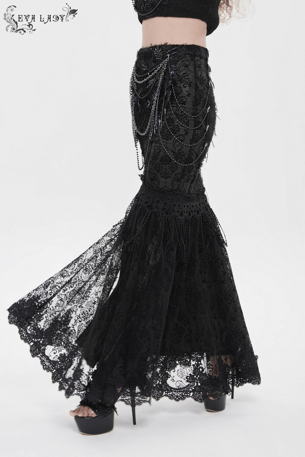 Lace and Fringe Black Skirt with Chains for Elegance Style
