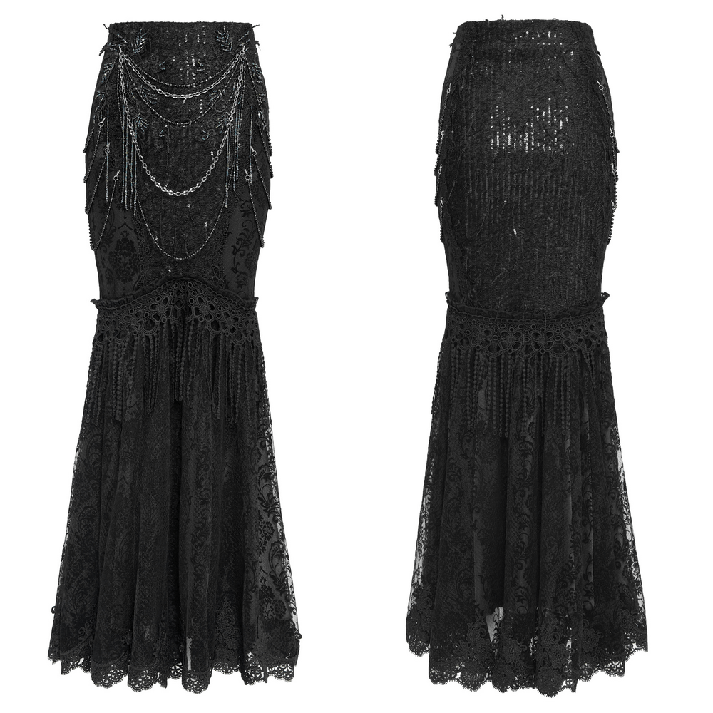 Lace and Fringe Black Skirt with Chains for Elegance Style