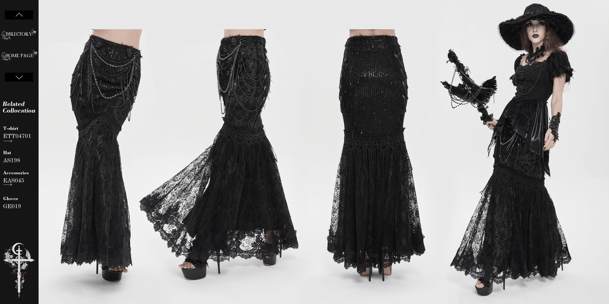 Lace and Fringe Black Skirt with Chains for Elegance Style