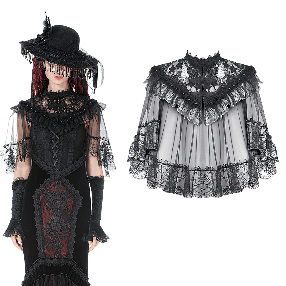 Lace Cape Shrug with High Neck and Rosette Trim
