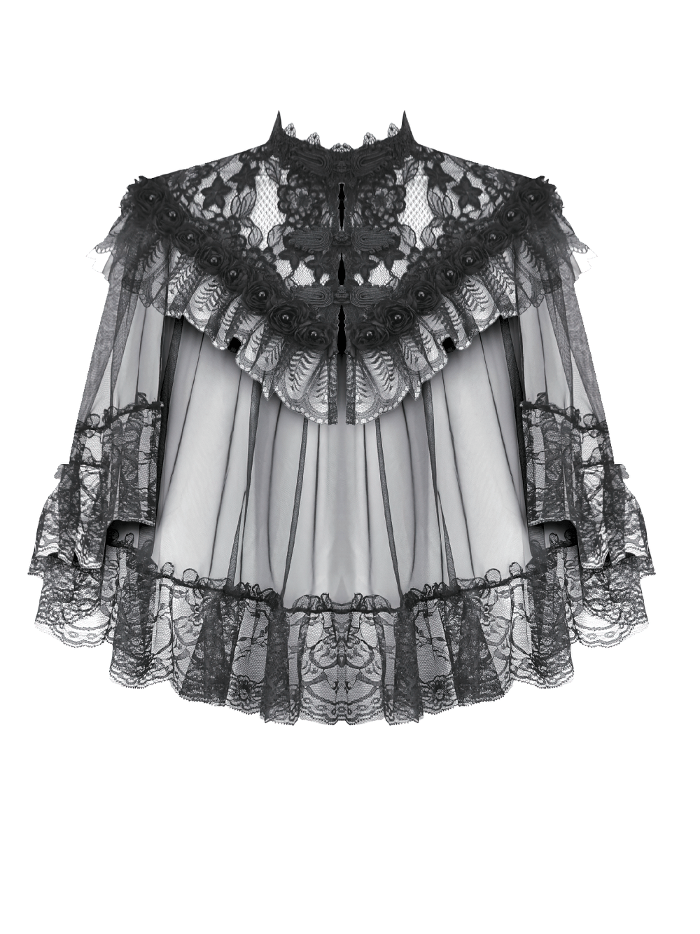 Lace Cape Shrug with High Neck and Rosette Trim