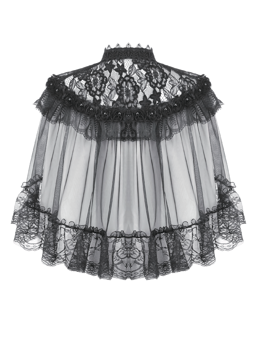 Lace Cape Shrug with High Neck and Rosette Trim