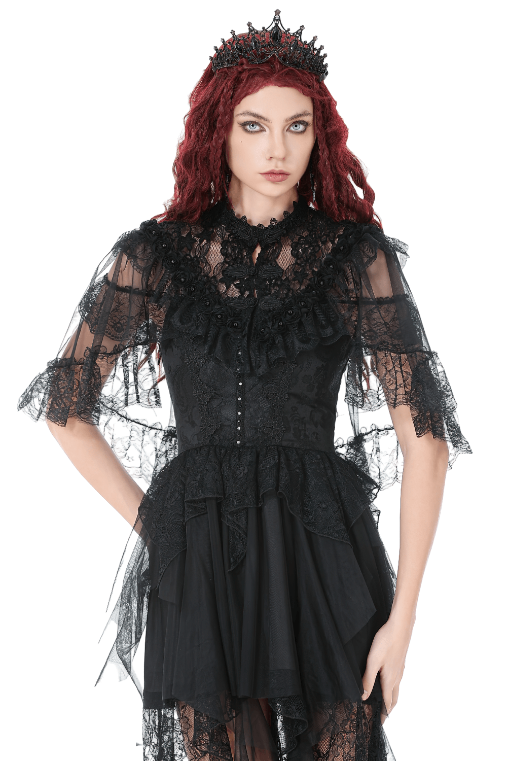 Lace Cape Shrug with High Neck and Rosette Trim