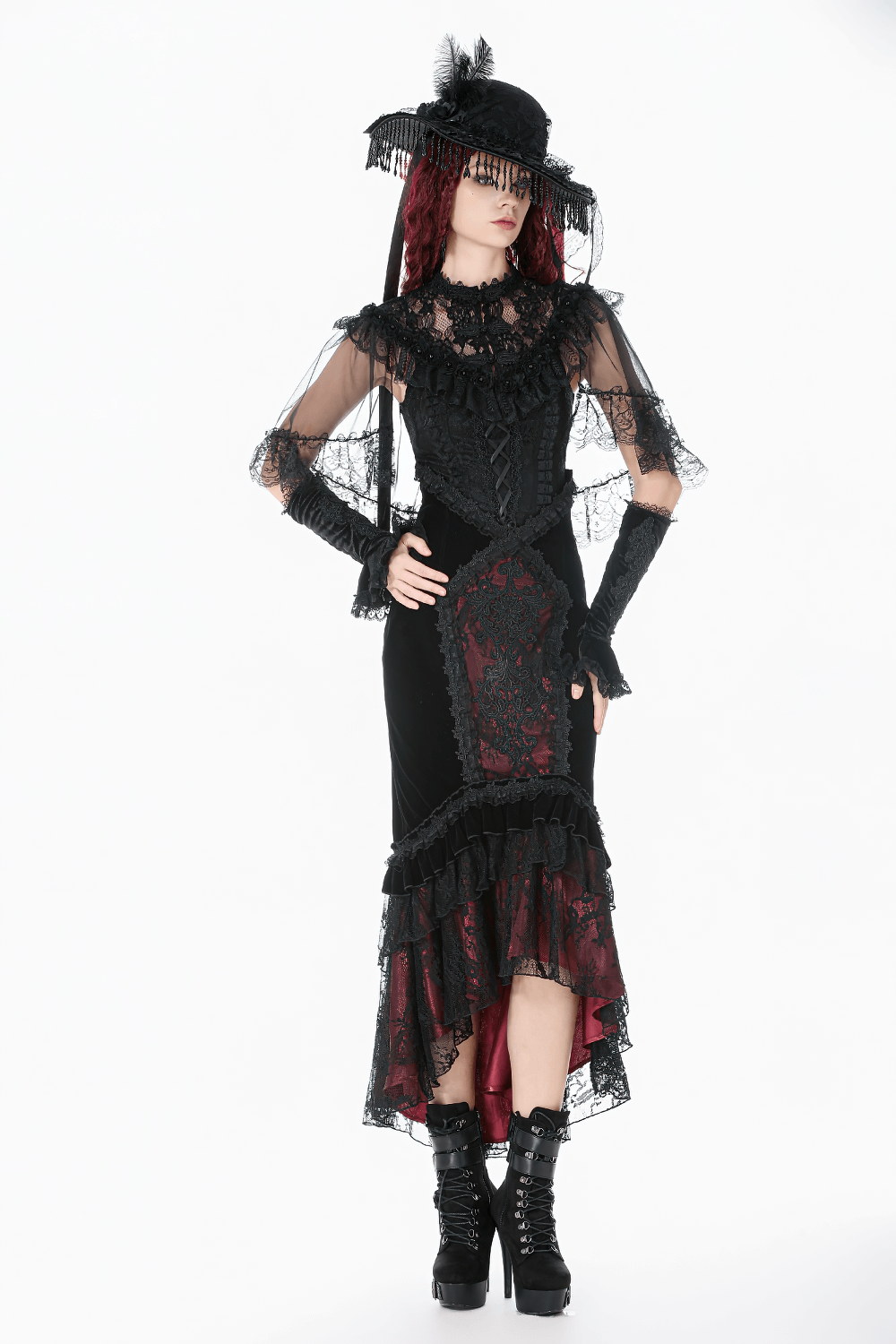 Lace Cape Shrug with High Neck and Rosette Trim