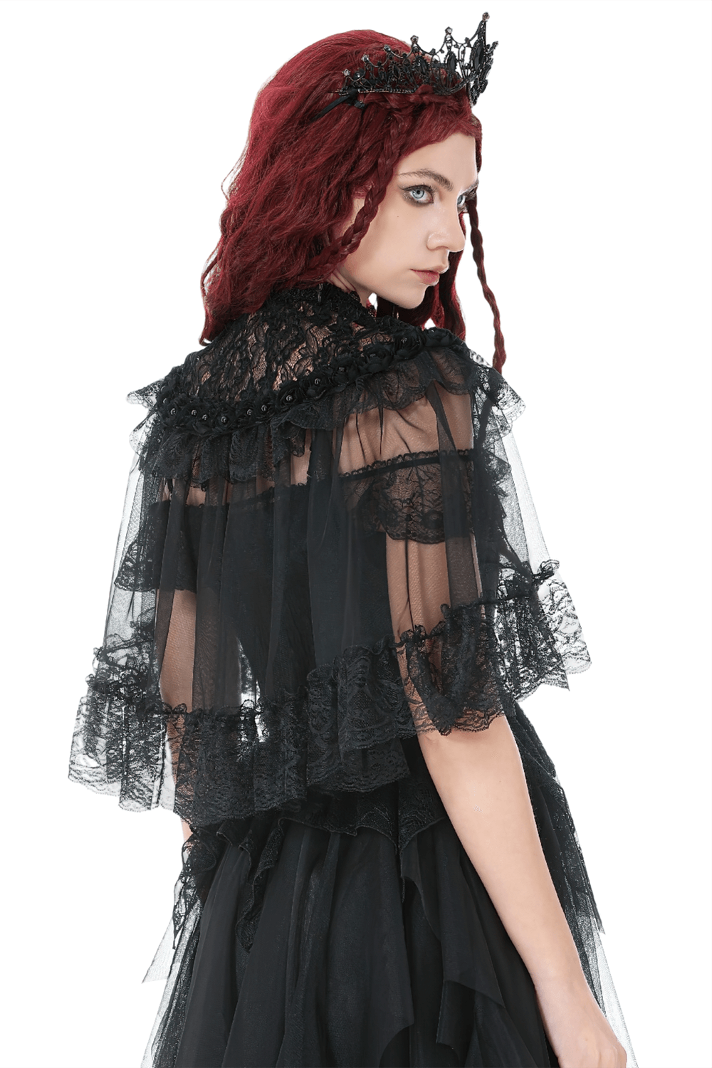 Lace Cape Shrug with High Neck and Rosette Trim