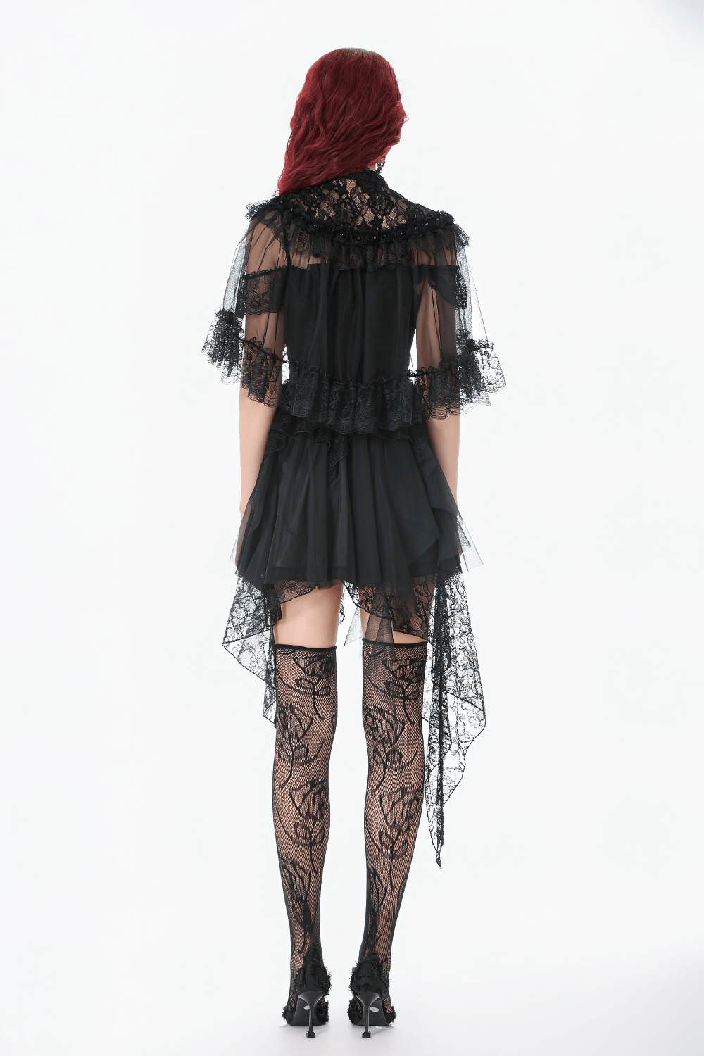 Lace Cape Shrug with High Neck and Rosette Trim