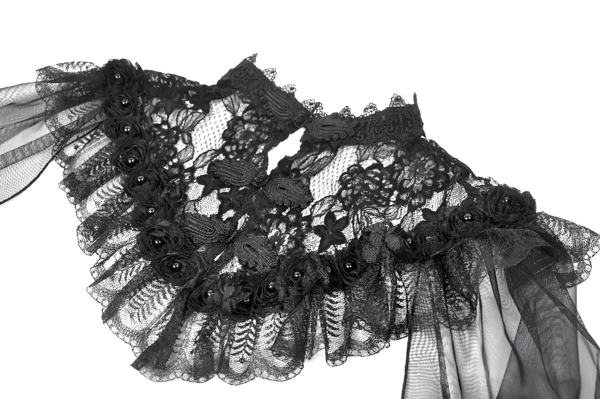 Lace Cape Shrug with High Neck and Rosette Trim