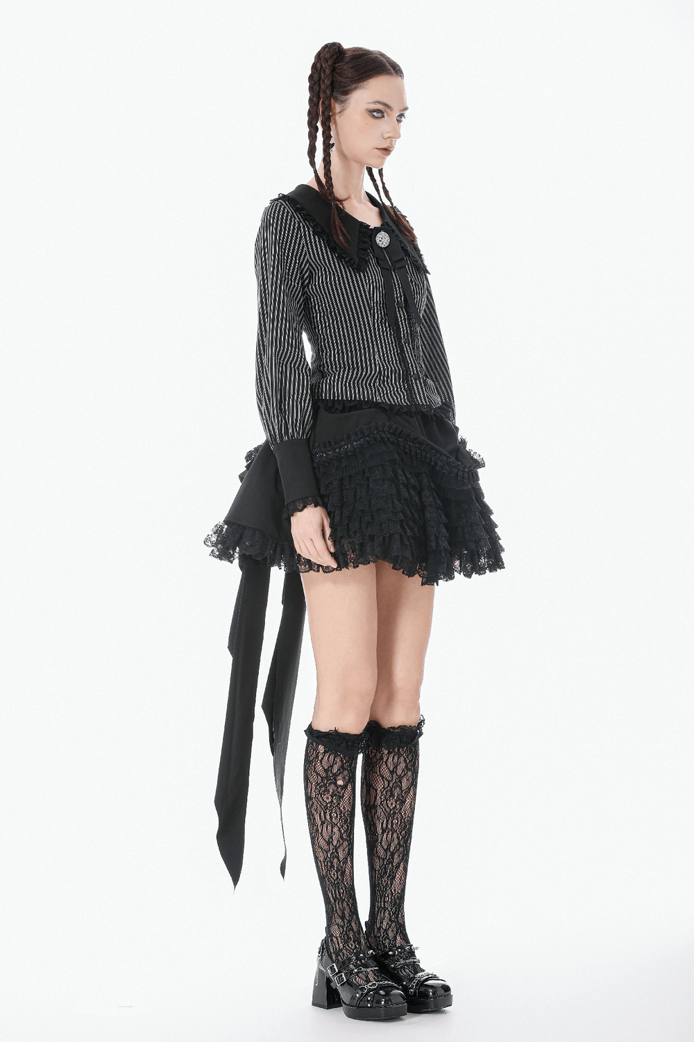 Lace Layered Black Tulle Skirt with Ribbon Detail