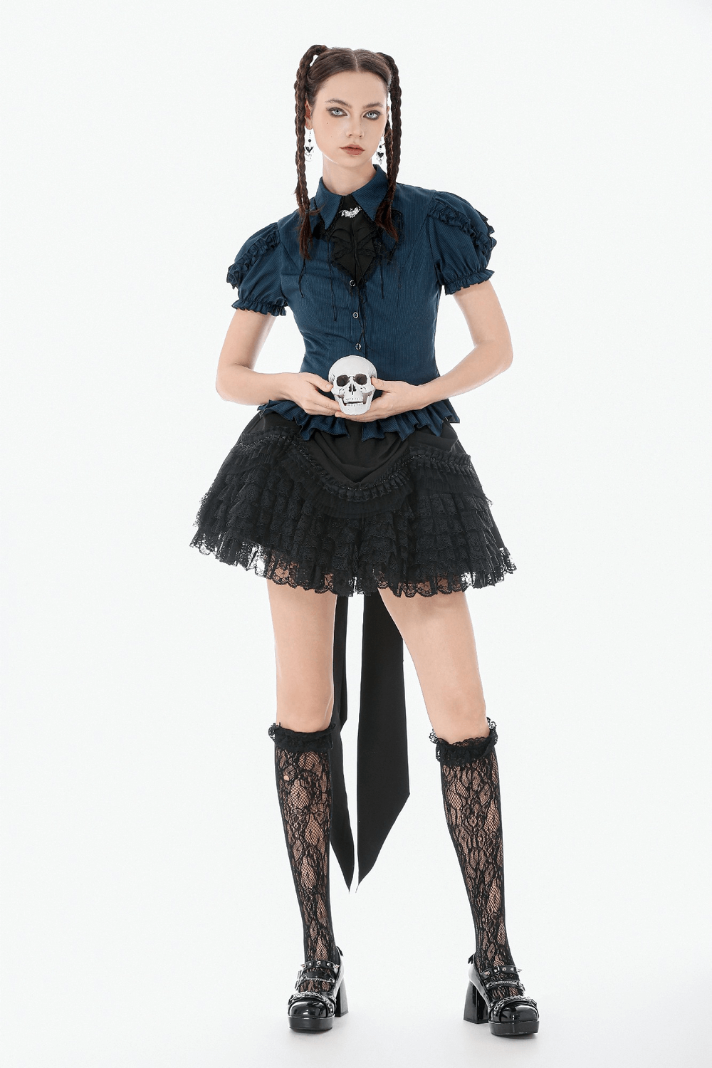 Lace Layered Black Tulle Skirt with Ribbon Detail