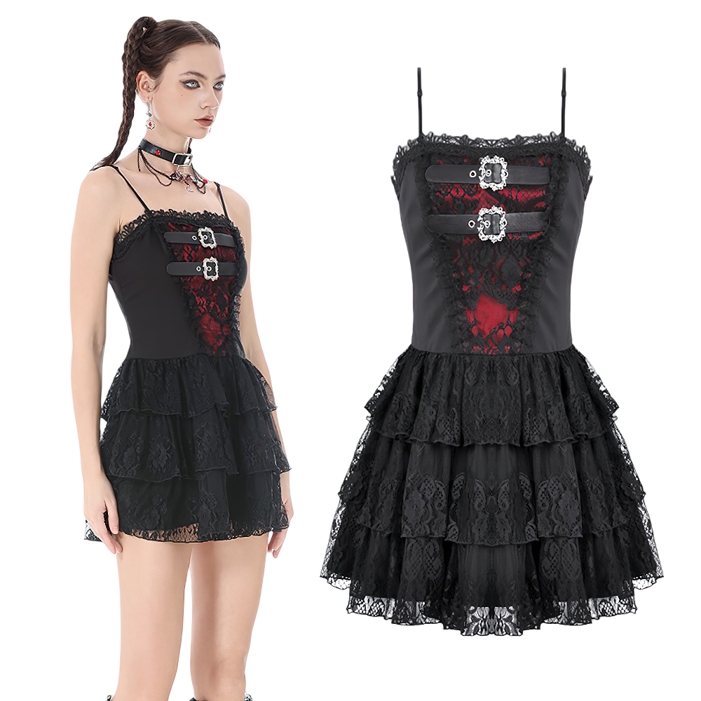 Lace Ruffle Mini Dress with Corset Back and Buckles