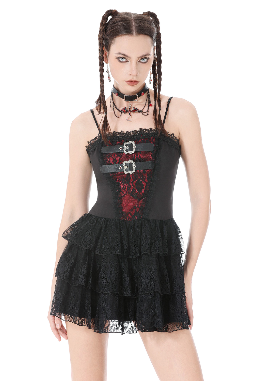 Lace Ruffle Mini Dress with Corset Back and Buckles