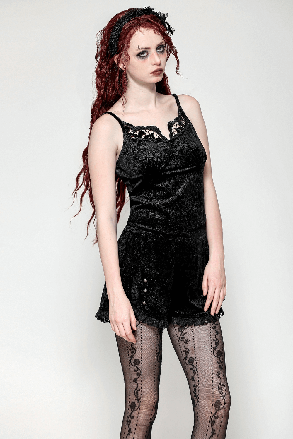 Lace-Trimmed Velvet High-Waisted Shorts with Buttons