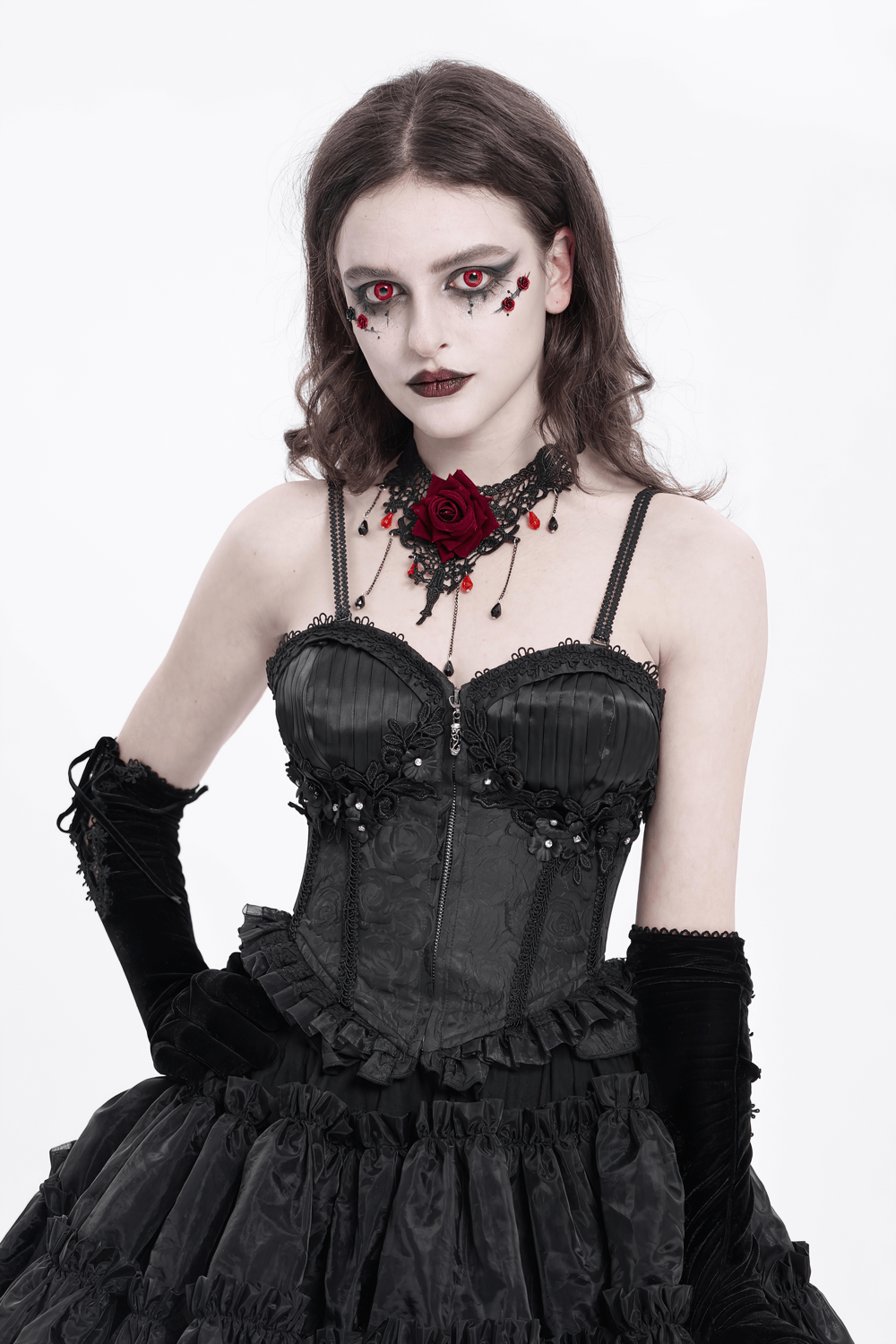 Lace-Up Black Floral Embellished Corset with Ruffle Detail