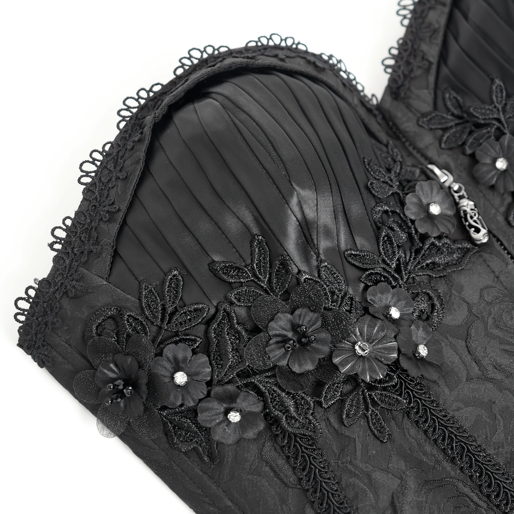 Lace-Up Black Floral Embellished Corset with Ruffle Detail