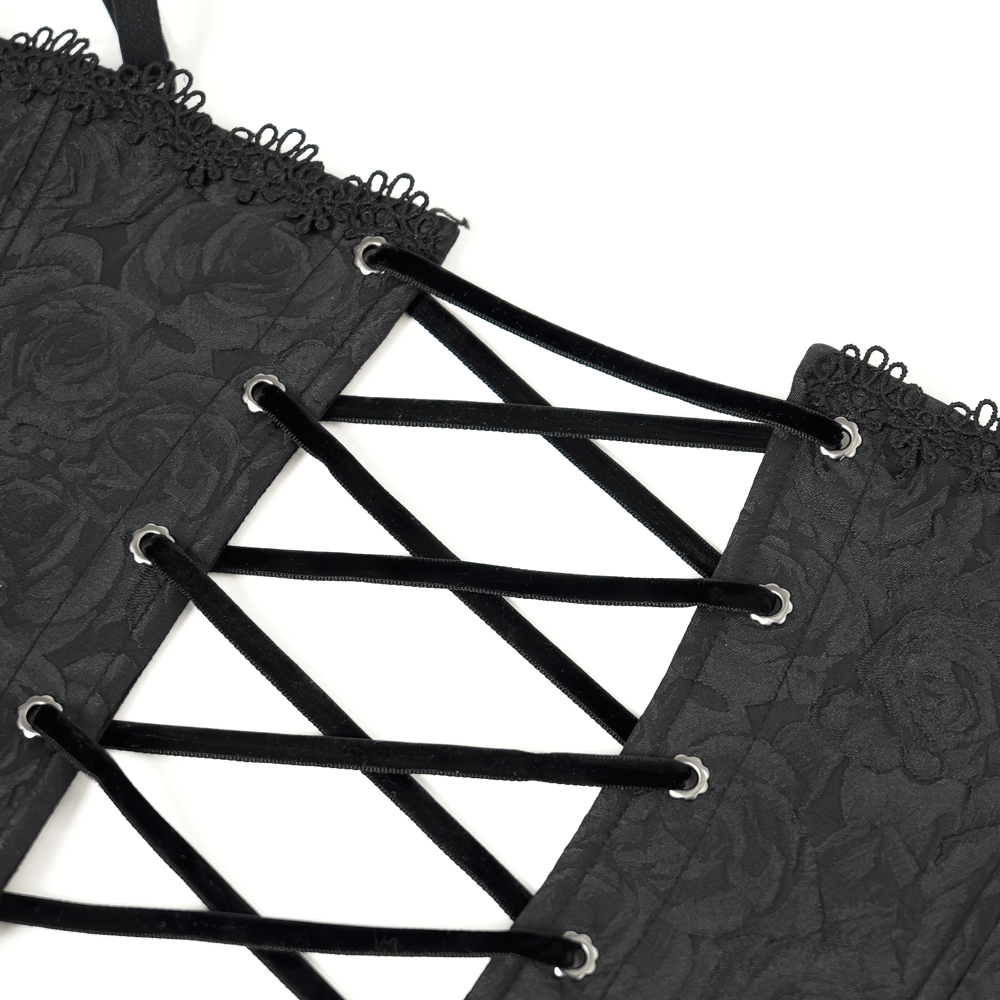 Lace-Up Black Floral Embellished Corset with Ruffle Detail