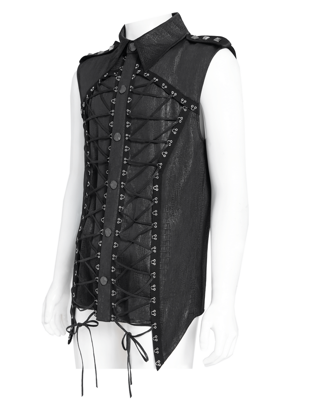 Lace-Up Sleeveless Shirt with Epaulets and Metal Buttons