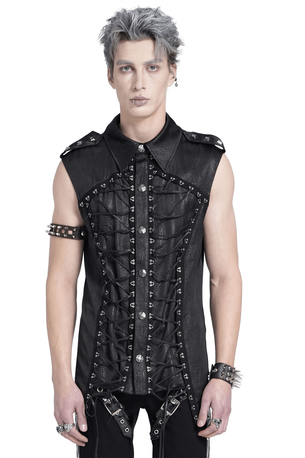 Lace-Up Sleeveless Shirt with Epaulets and Metal Buttons