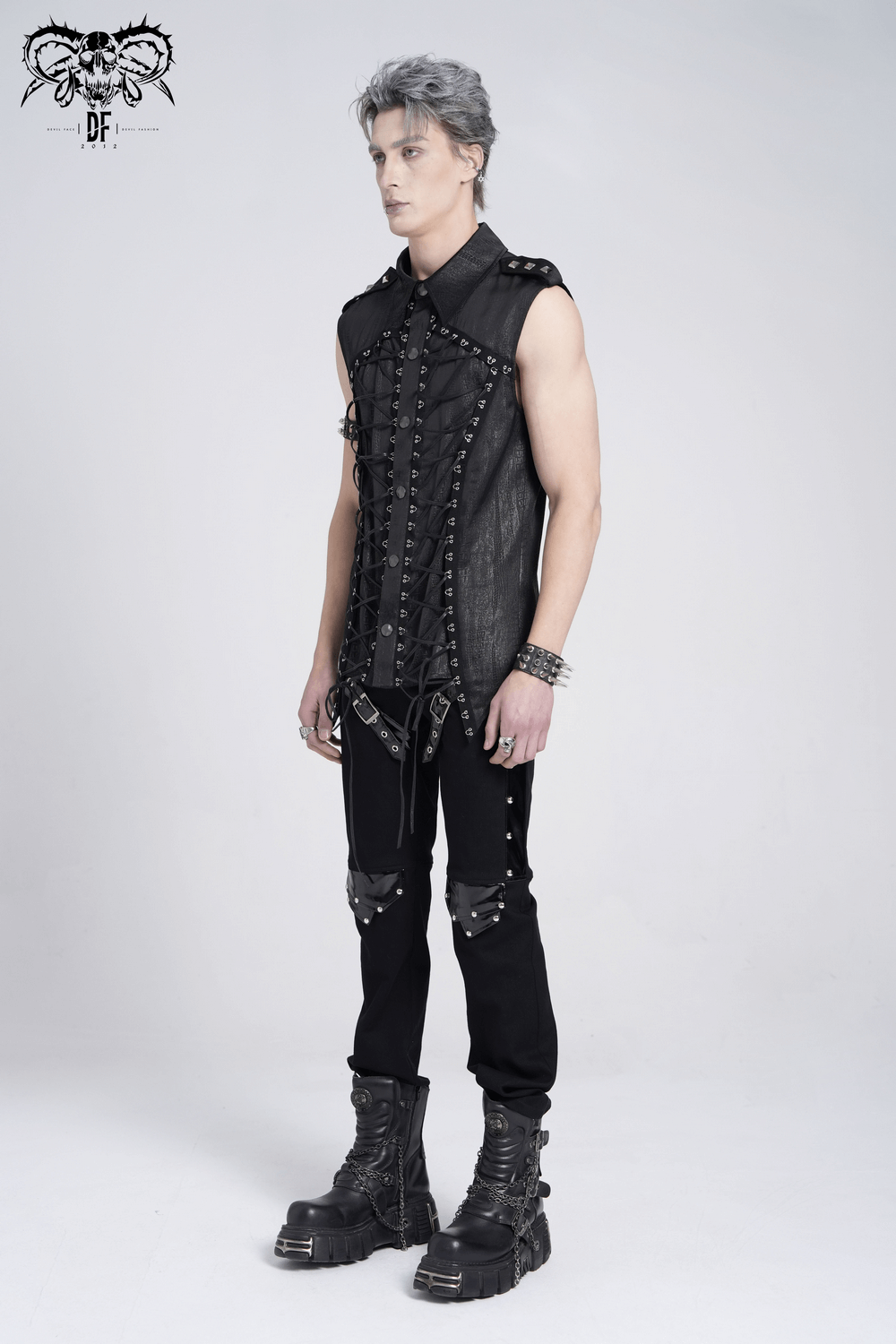 Lace-Up Sleeveless Shirt with Epaulets and Metal Buttons
