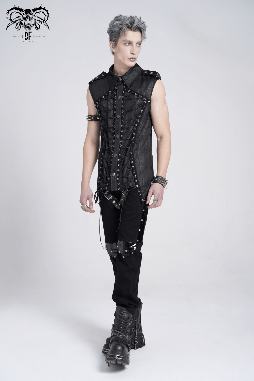 Lace-Up Sleeveless Shirt with Epaulets and Metal Buttons