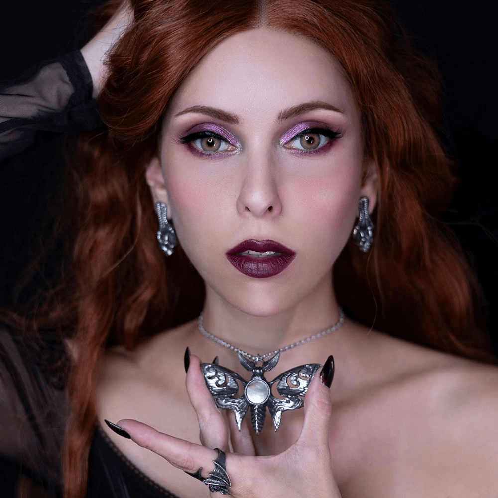 Lunar Moth Necklace with Moon Phase and Mother of Pearl