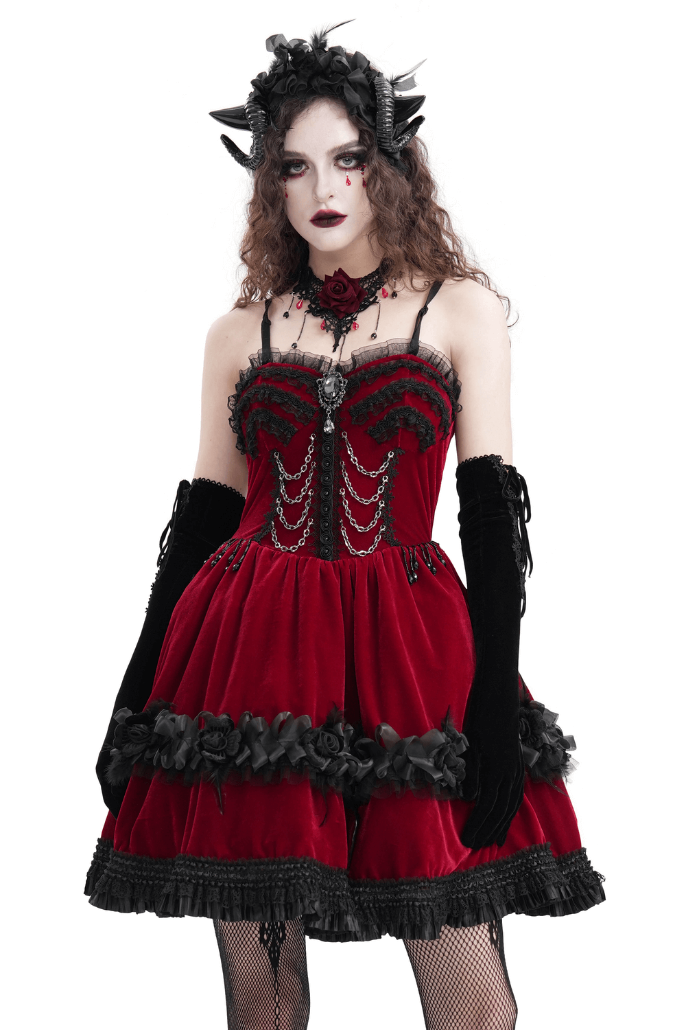 EU SALE of Luxurious Burgundy Velvet Gothic Lolita Dress with Straps