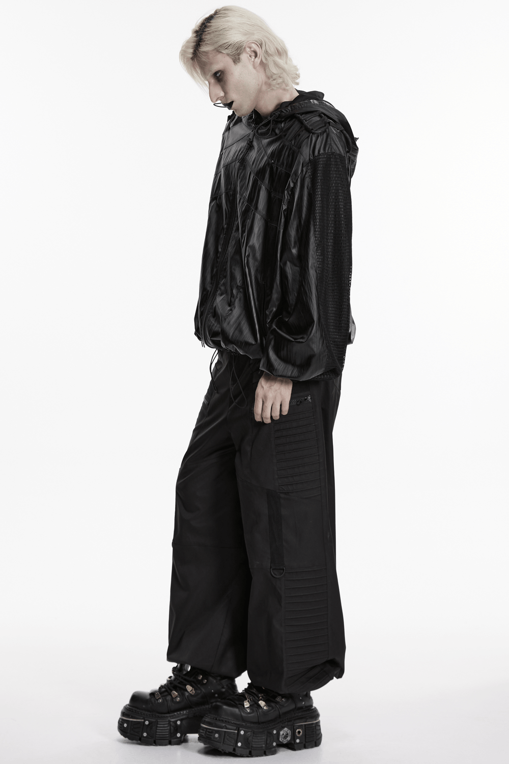 Male Black Cyberpunk Hooded Waterproof Mesh Jacket