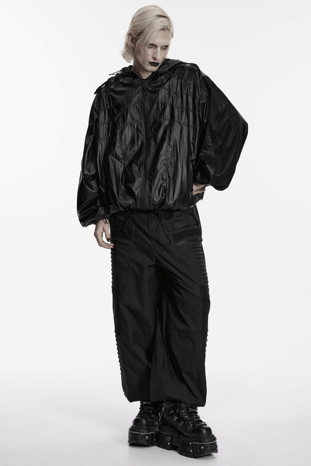 Male Black Cyberpunk Hooded Waterproof Mesh Jacket