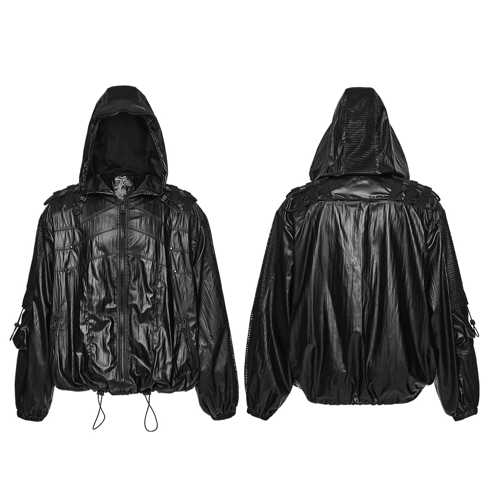 Male Black Cyberpunk Hooded Waterproof Mesh Jacket