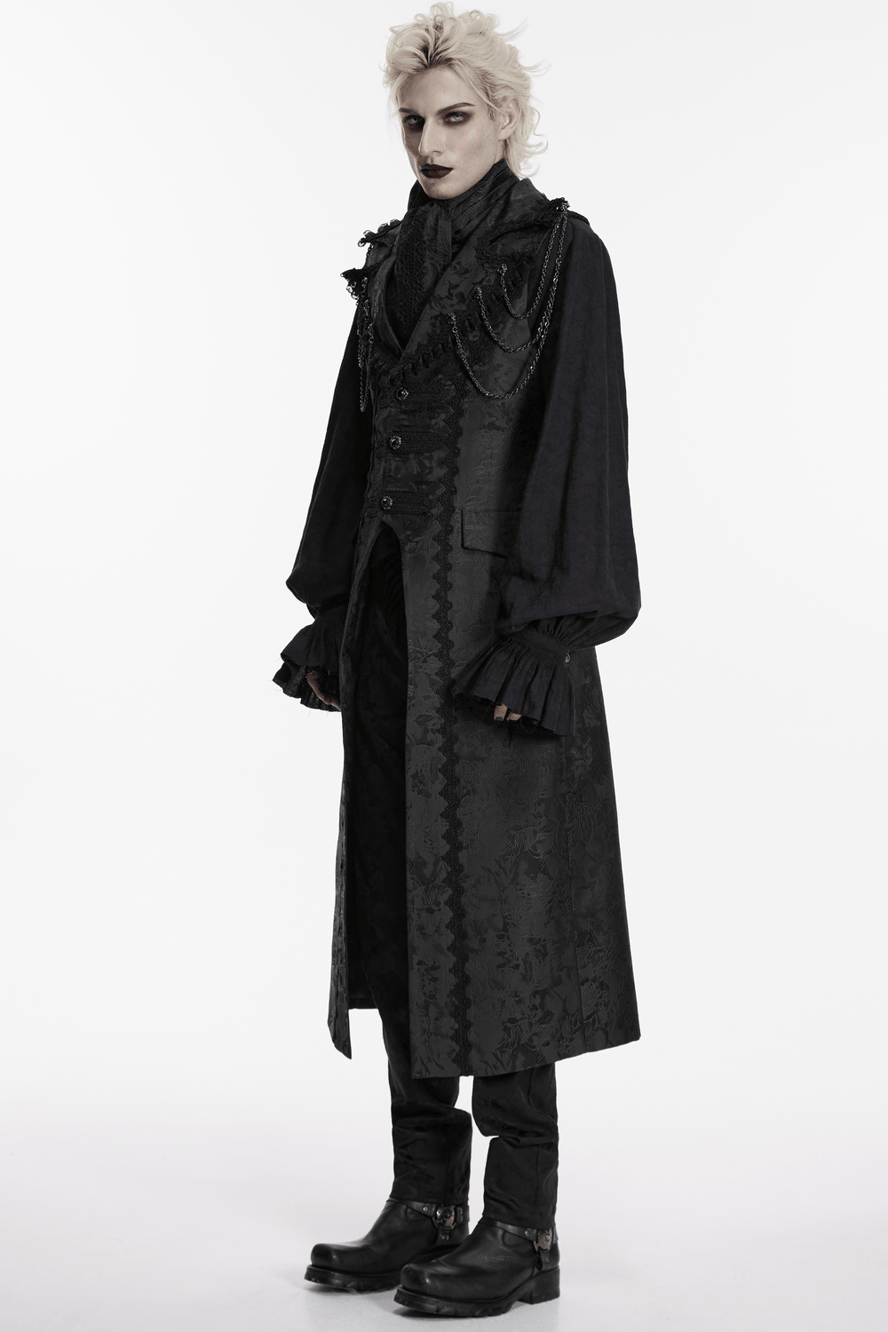 Male Black Gothic Jacquard Tie with Lace Panel Detail
