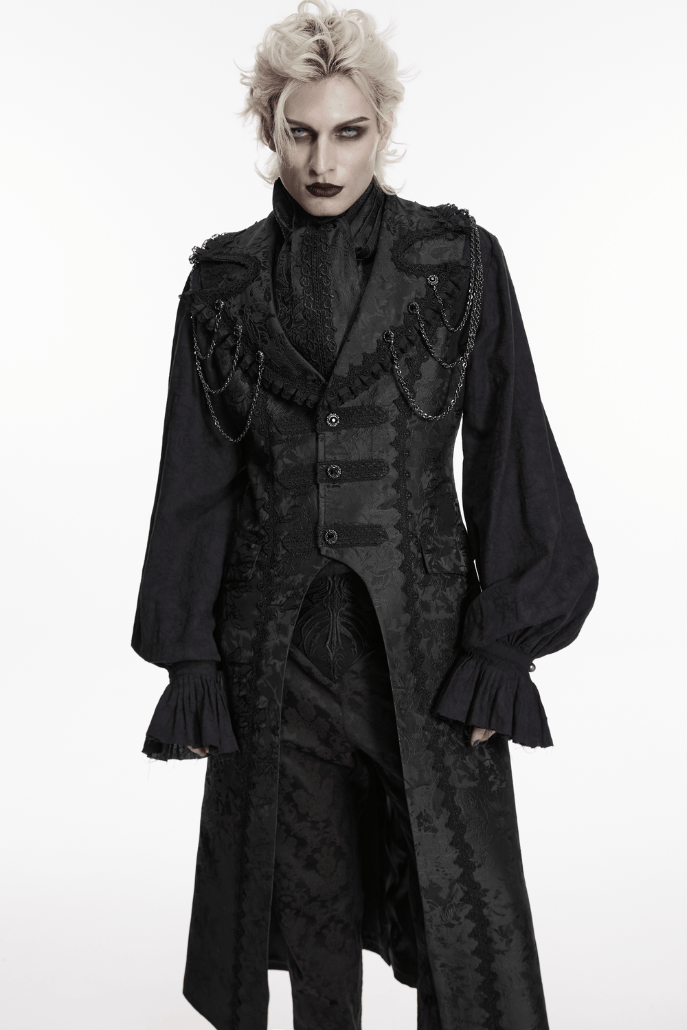 Male Black Gothic Jacquard Tie with Lace Panel Detail