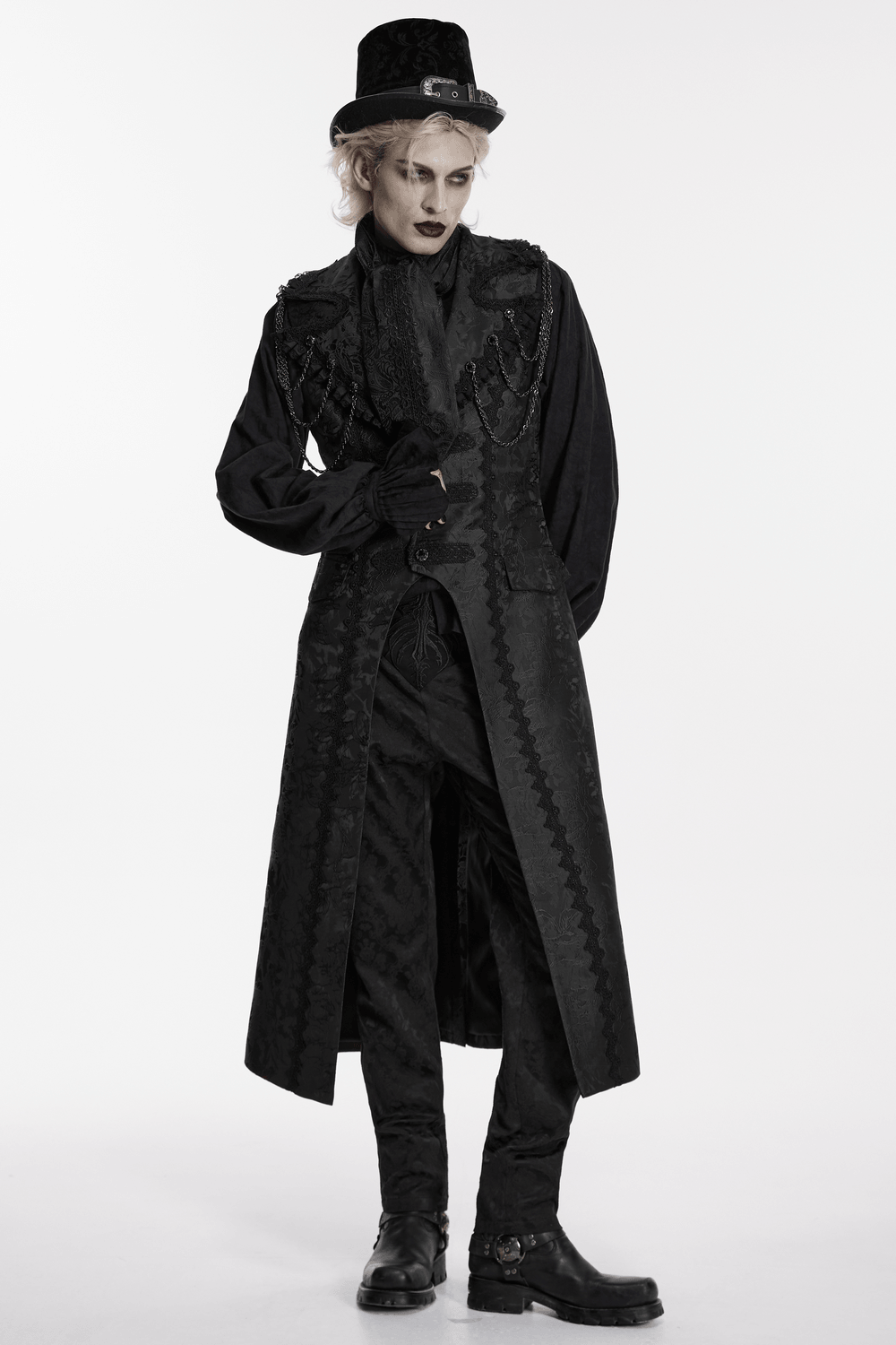 Male Black Gothic Jacquard Tie with Lace Panel Detail
