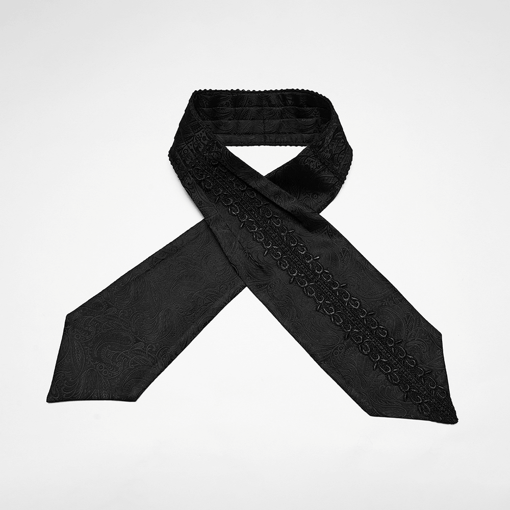 Male Black Gothic Jacquard Tie with Lace Panel Detail
