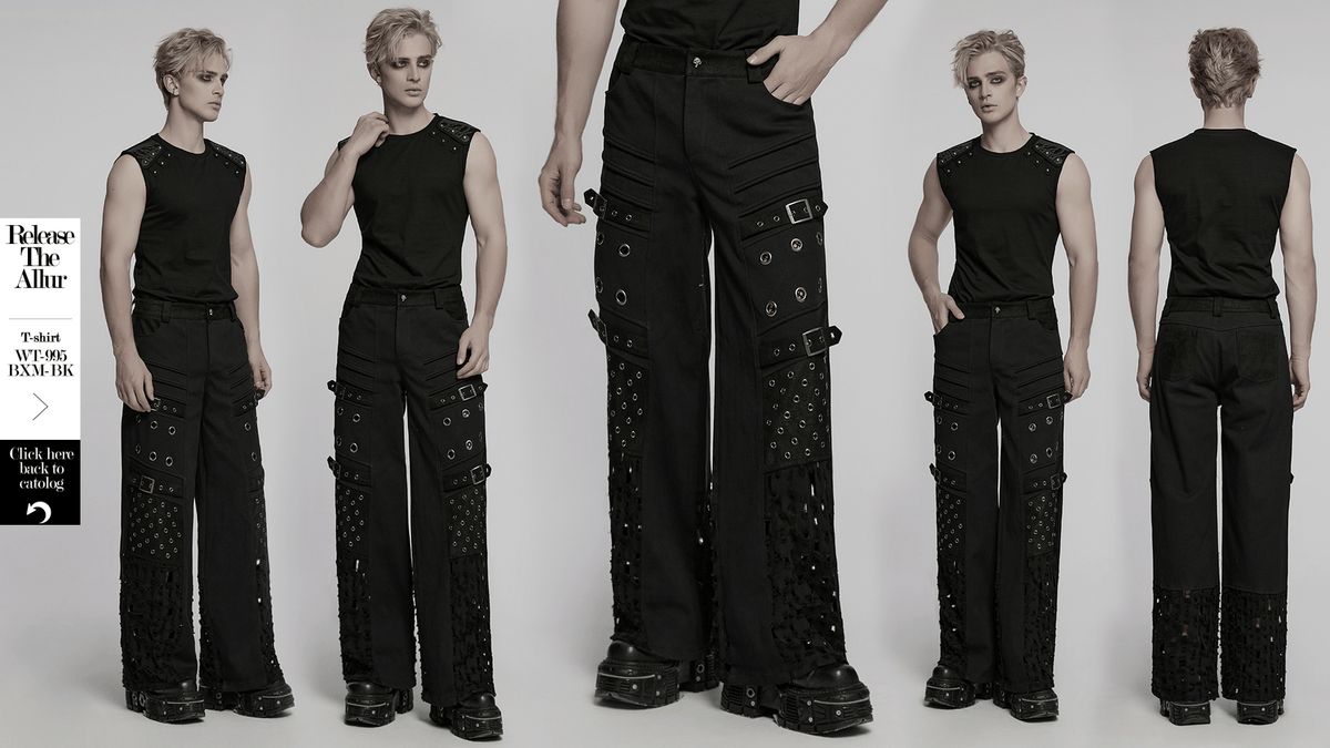 Male Black Punk Pants with Eyelets and Mesh Panels