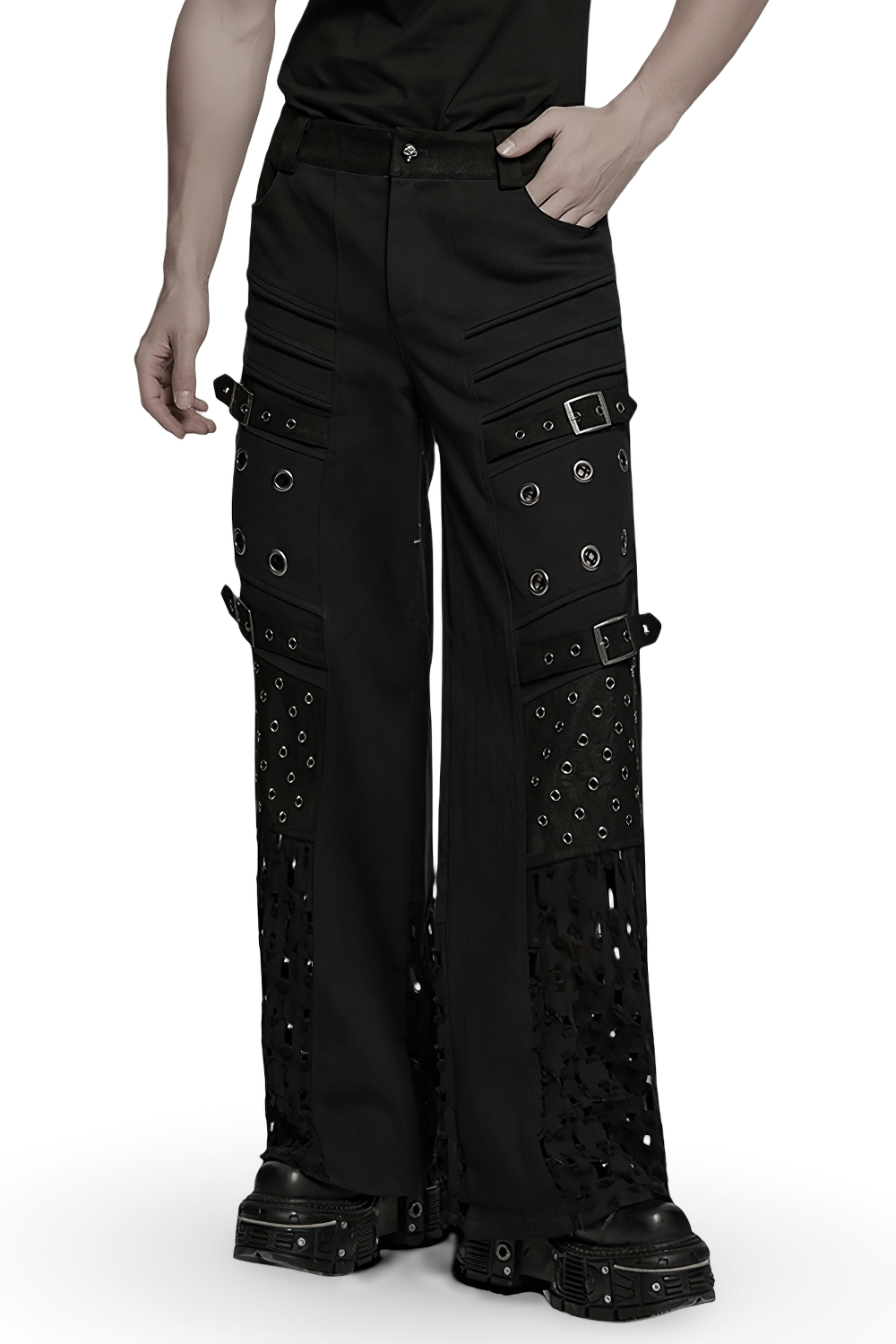 Male Black Punk Pants with Eyelets and Mesh Panels