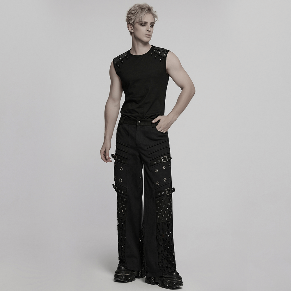 Male Black Punk Pants with Eyelets and Mesh Panels
