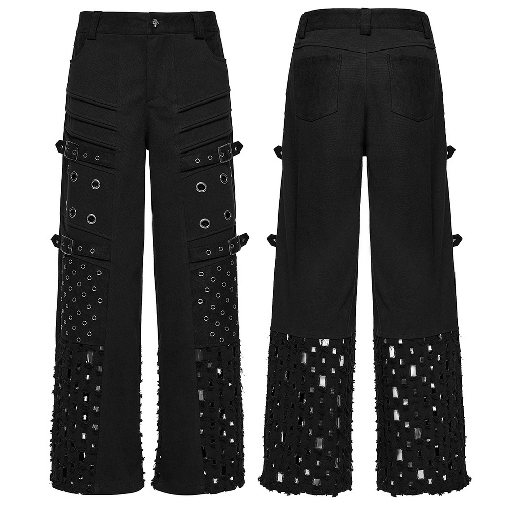 Male Black Punk Pants with Eyelets and Mesh Panels